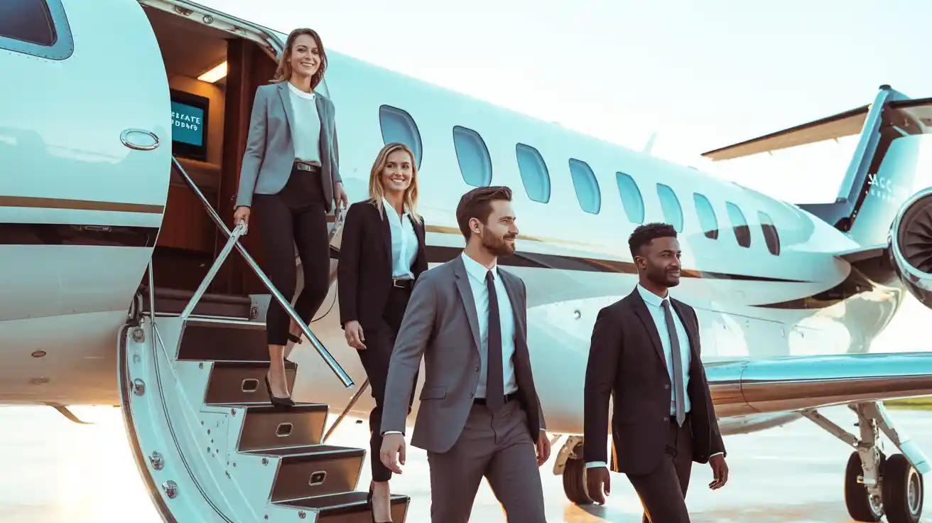 business travel team boarding flight